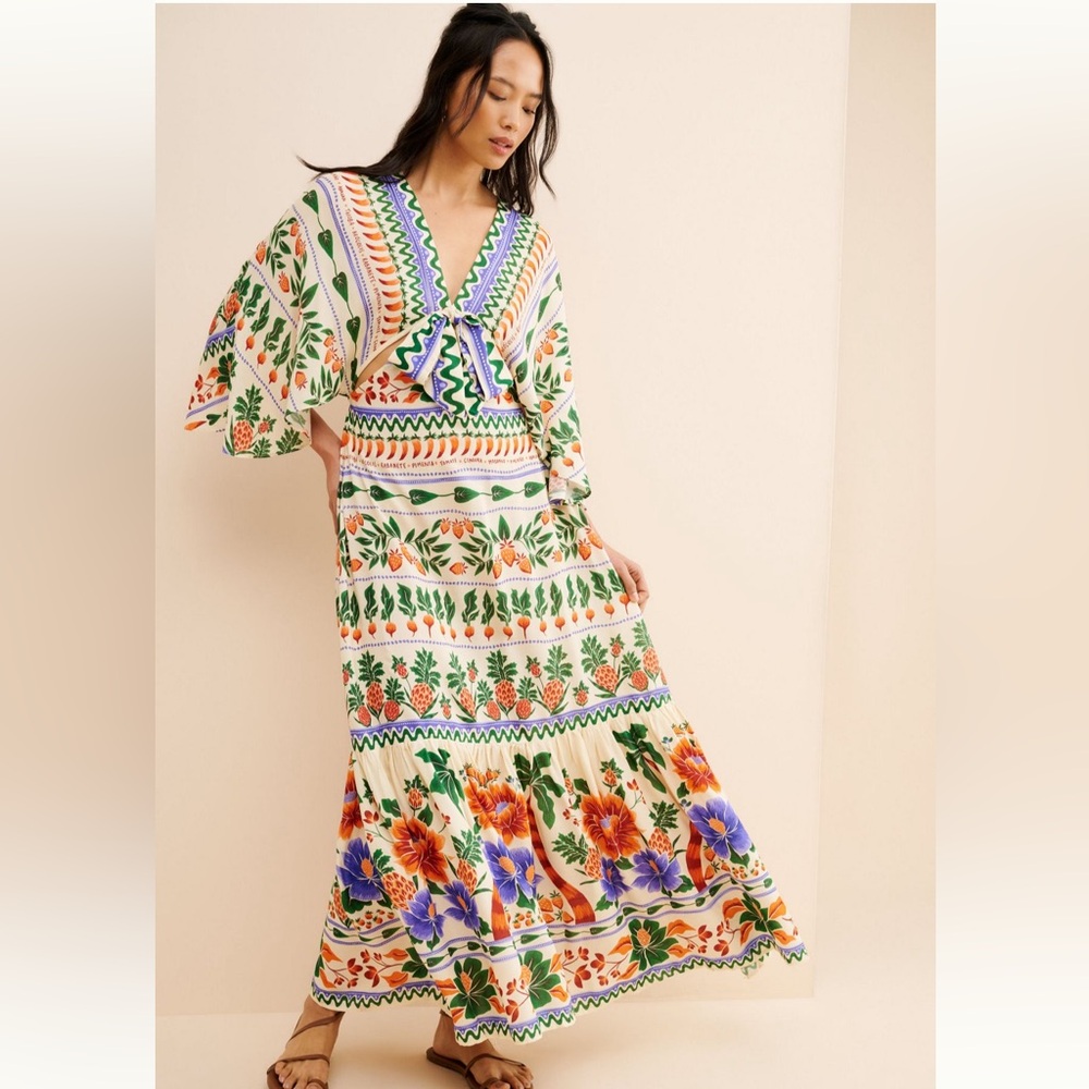 Anthropologie x FARM Rio V-Neck Kaftan Maxi Cut-Out Dress Floral Print